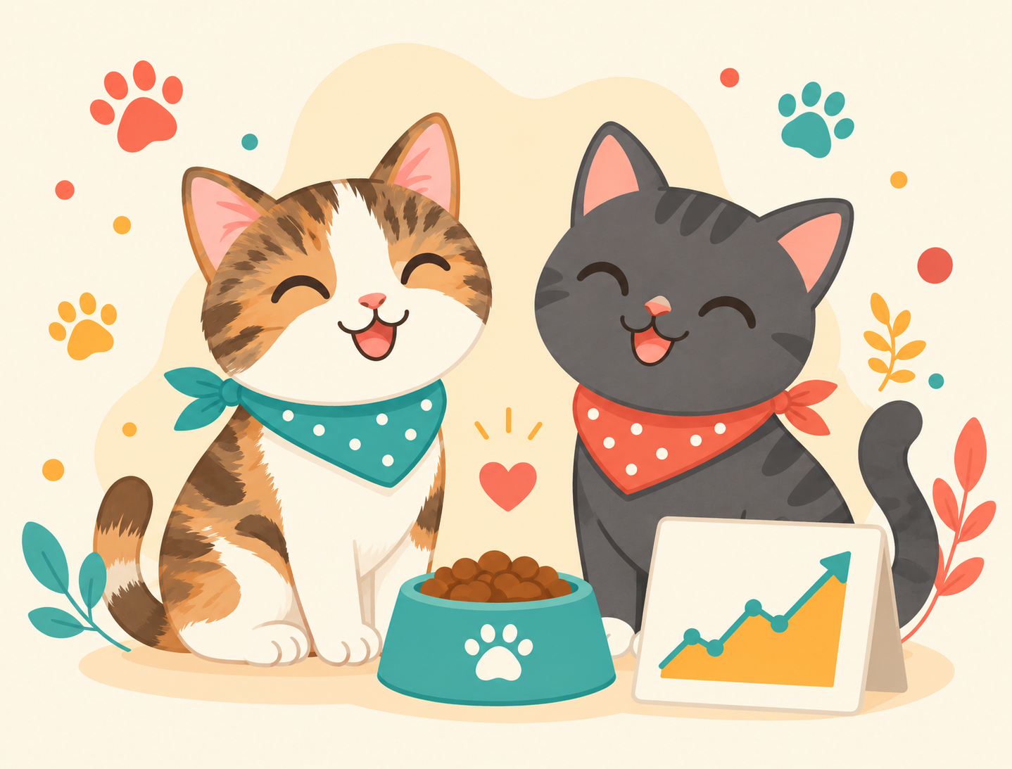 Two illustrated cats beside a food bowl and a chart showing an upward health trend